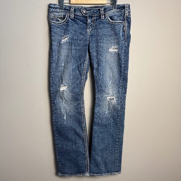 Silver Jeans Women's TUESDAY Baby Boot Jeans Distressed Tag:W31 (actual W34)‎ - Picture 1 of 15